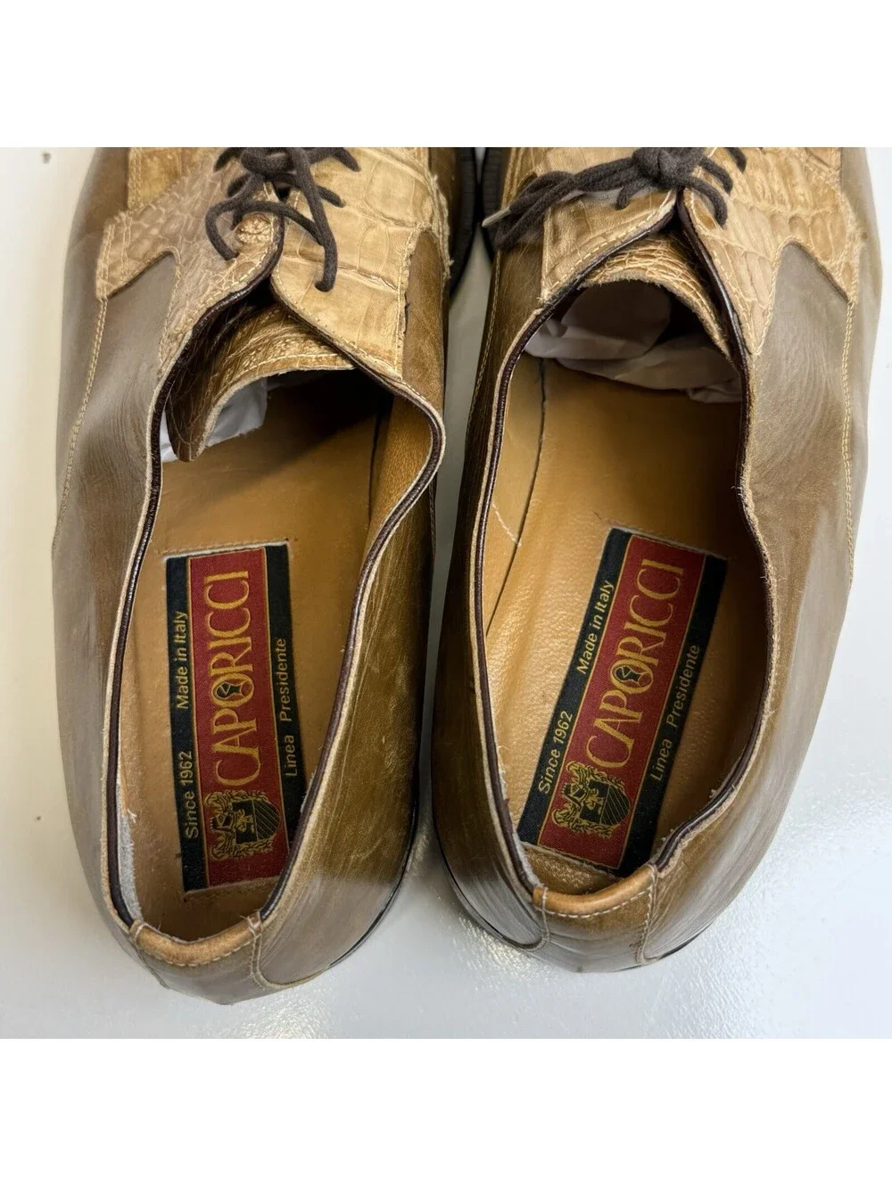 Vintage Caporicci Shoes Oxfords Sz 13 Brown Crocodile Leather Lace Up Italy Tan